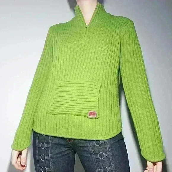 Vintage 90s / Y2K apple green knit acrylic high neck quarter zip-up sweater - Picture 3 of 13